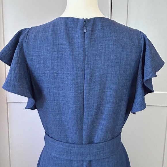 DKNY Womens 8 Midi Dress Blue Pleated V-Neckline Flutter Sleeves Office Party - Picture 4 of 9